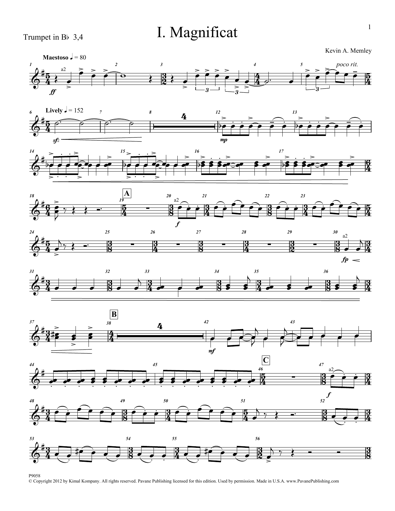 Kevin Memley Magnificat (Brass and Percussion) (Parts) - Bb Trumpet 3,4 Sheet Music Notes & Chords for Choir Instrumental Pak - Download or Print PDF