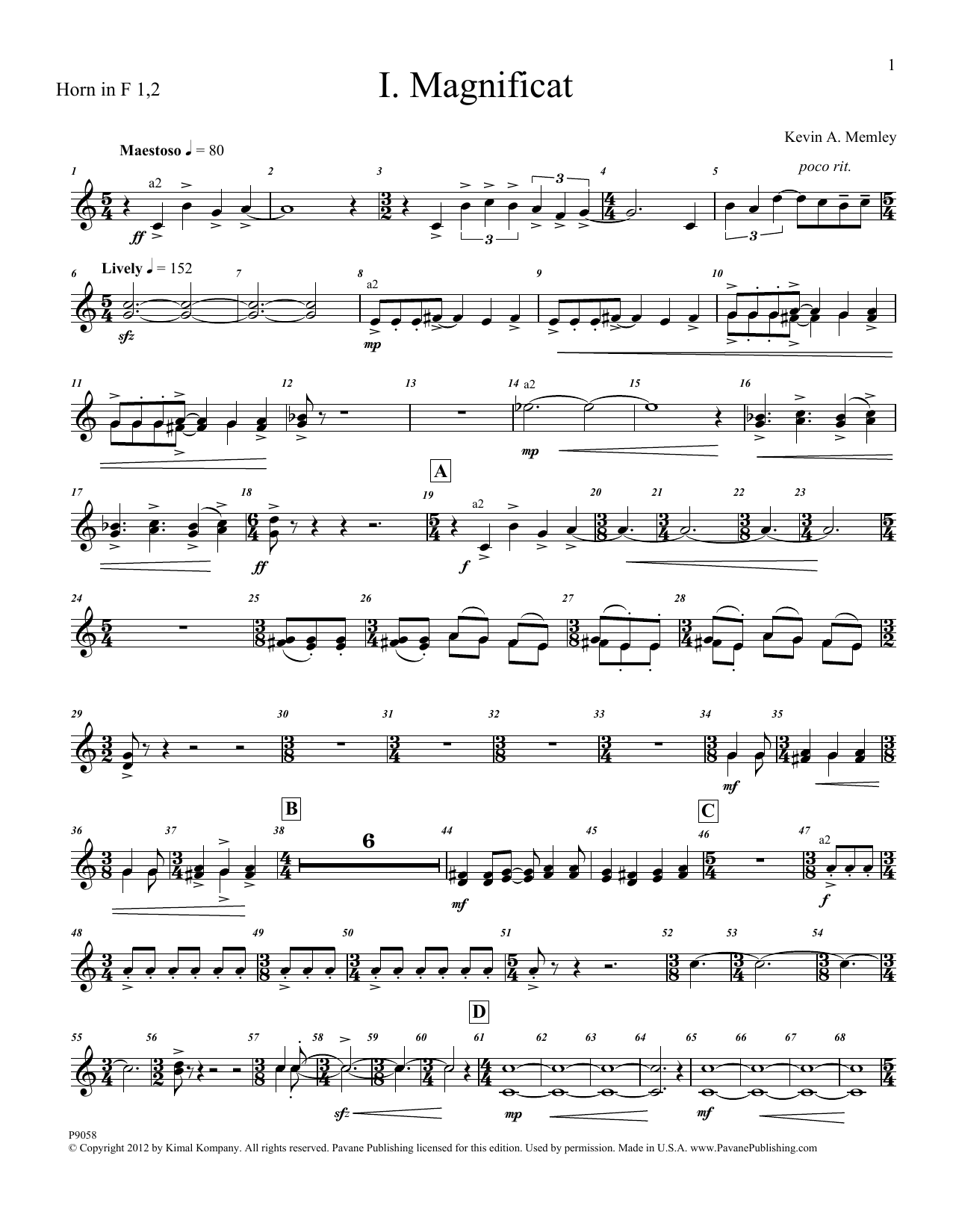 Kevin Memley Magnificat (Brass and Percussion) (Parts) - F Horn 1, 2 Sheet Music Notes & Chords for Choir Instrumental Pak - Download or Print PDF
