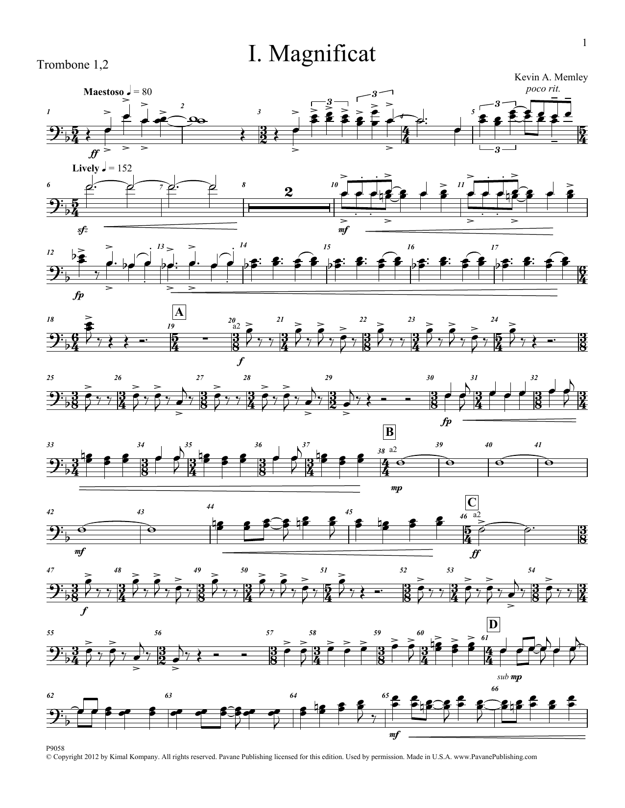 Kevin Memley Magnificat (Brass and Percussion) (Parts) - Trombone 1, 2 Sheet Music Notes & Chords for Choir Instrumental Pak - Download or Print PDF