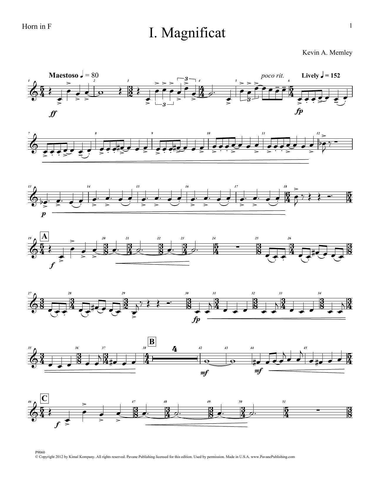 Kevin Memley Magnificat (Brass Quintet) (Parts) - Horn in F Sheet Music Notes & Chords for Choir Instrumental Pak - Download or Print PDF
