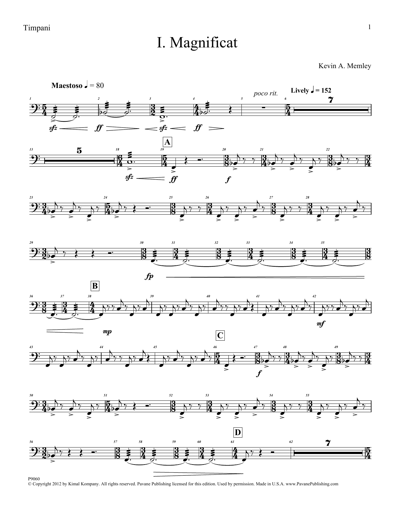 Kevin Memley Magnificat (Brass Quintet) (Parts) - Timpani Sheet Music Notes & Chords for Choir Instrumental Pak - Download or Print PDF