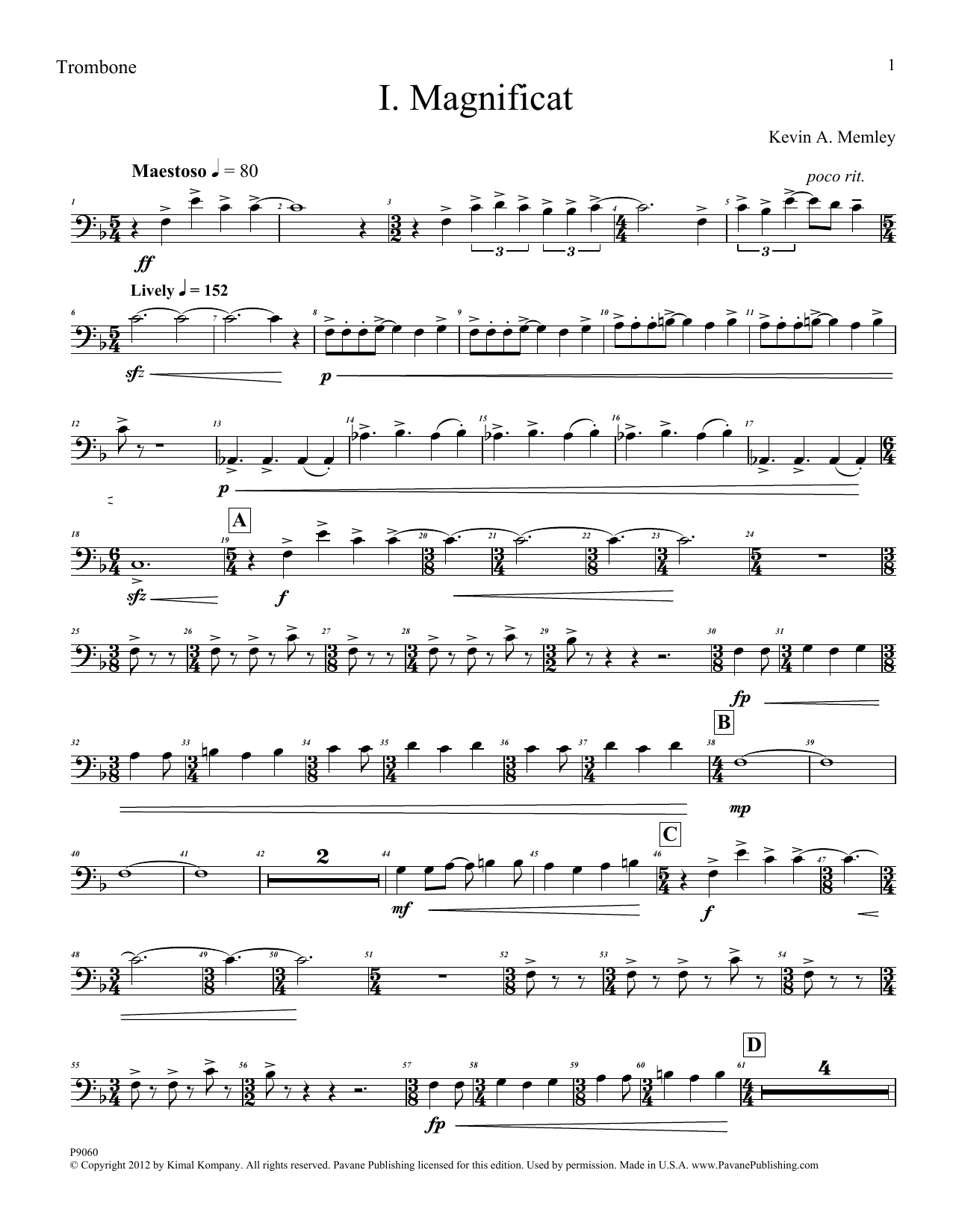 Kevin Memley Magnificat (Brass Quintet) (Parts) - Trombone Sheet Music Notes & Chords for Choir Instrumental Pak - Download or Print PDF