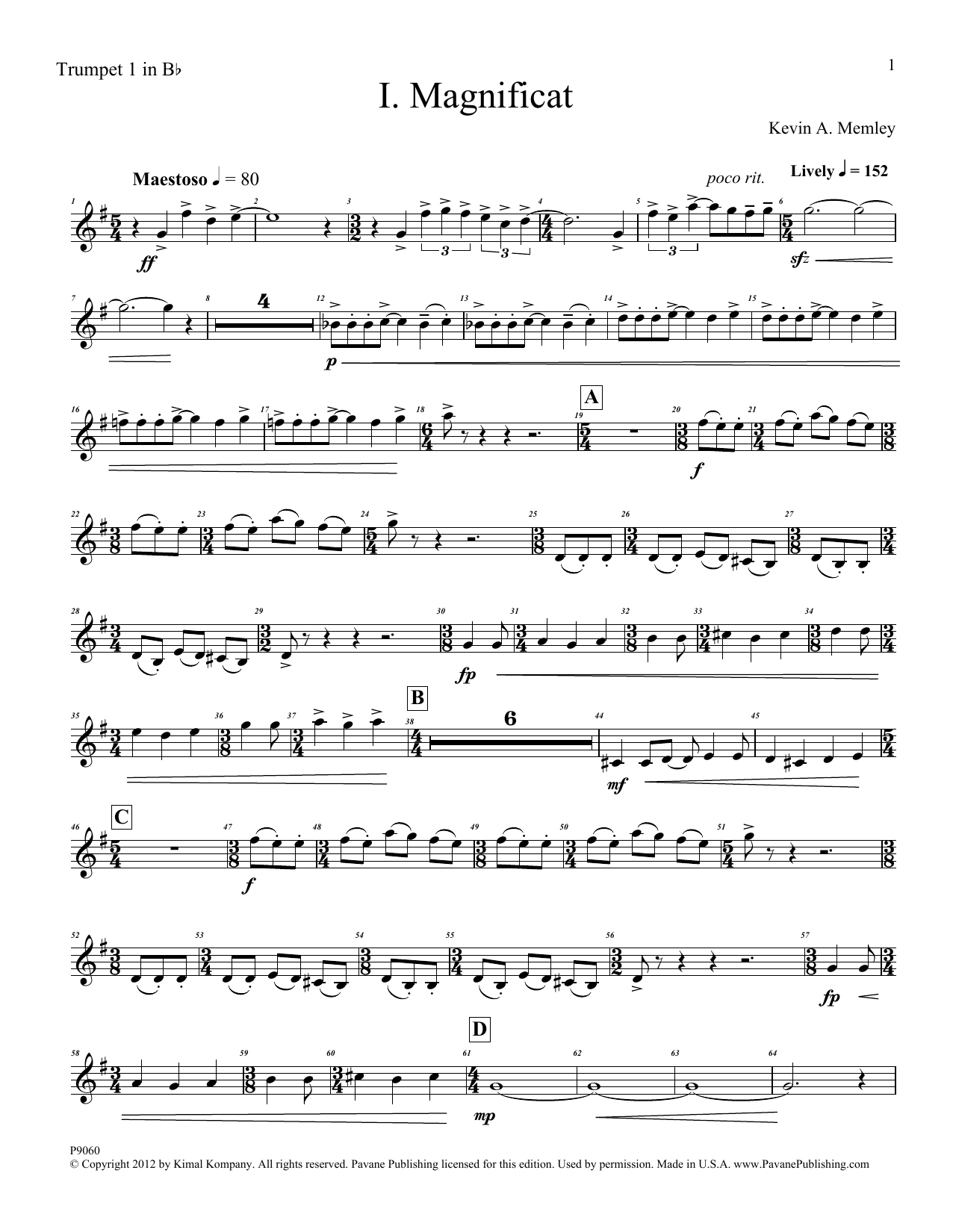 Kevin Memley Magnificat (Brass Quintet) (Parts) - Trumpet 1 in Bb Sheet Music Notes & Chords for Choir Instrumental Pak - Download or Print PDF