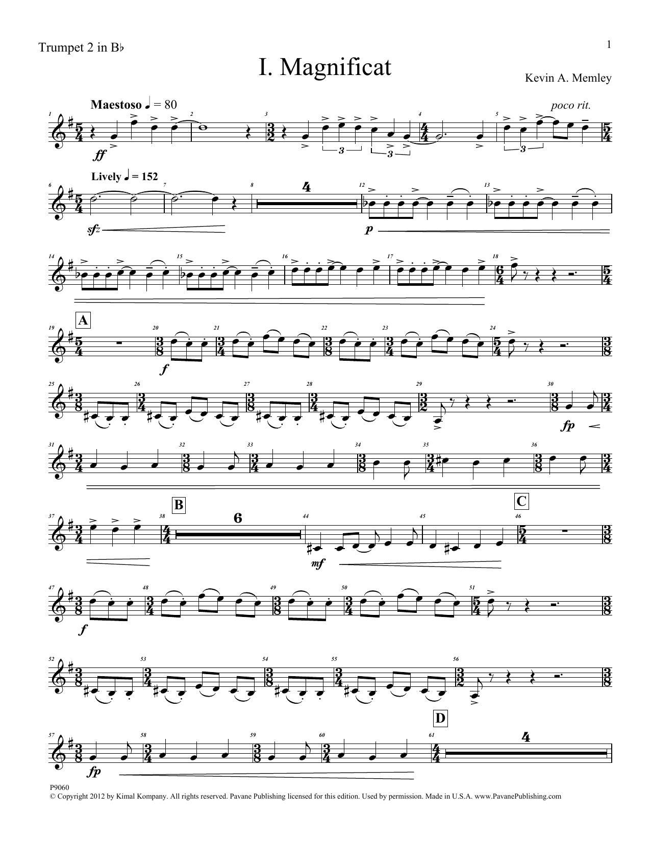 Kevin Memley Magnificat (Brass Quintet) (Parts) - Trumpet 2 in Bb Sheet Music Notes & Chords for Choir Instrumental Pak - Download or Print PDF