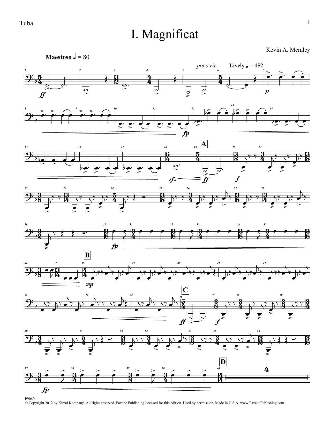 Kevin Memley Magnificat (Brass Quintet) (Parts) - Tuba Sheet Music Notes & Chords for Choir Instrumental Pak - Download or Print PDF