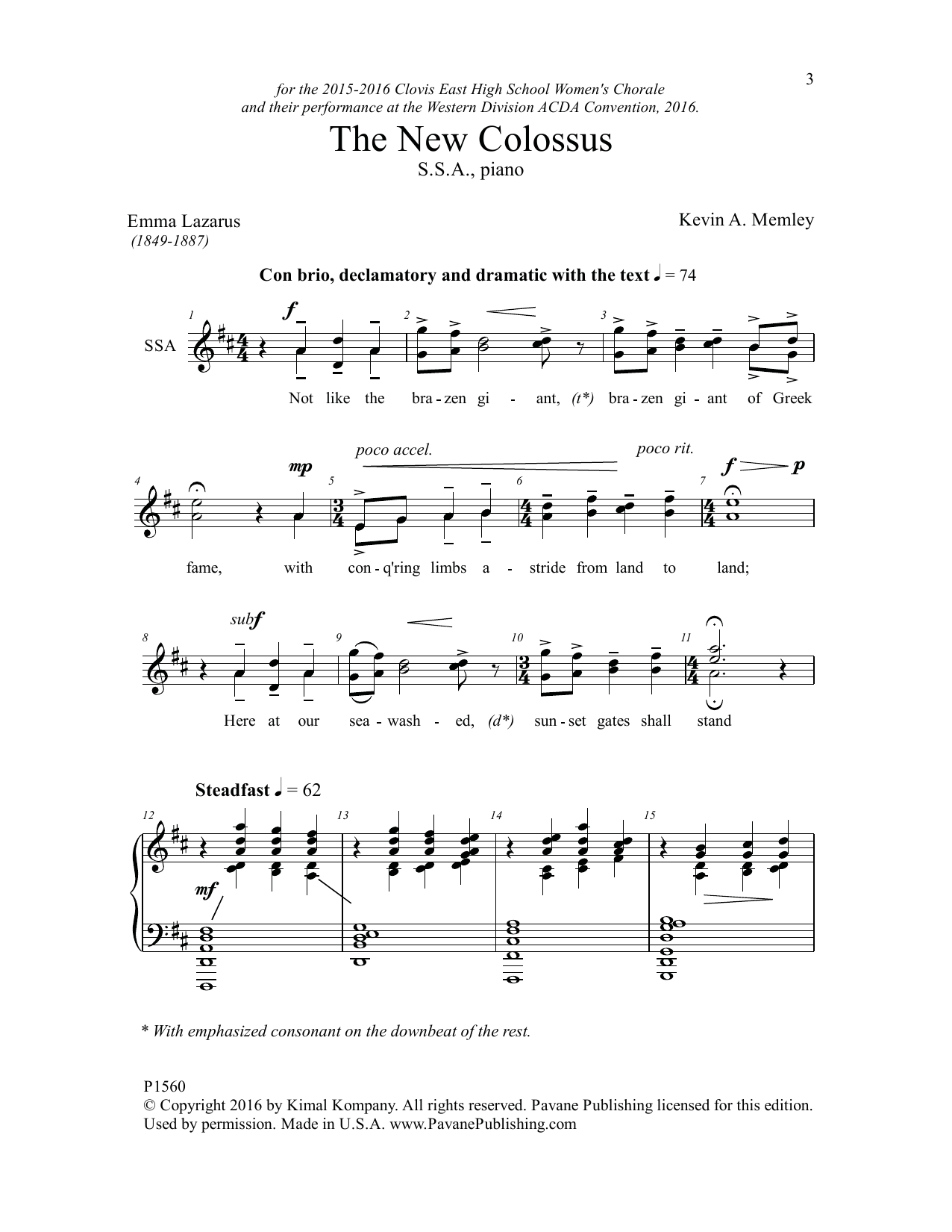 Kevin Memley The New Colossus Sheet Music Notes & Chords for Choral - Download or Print PDF