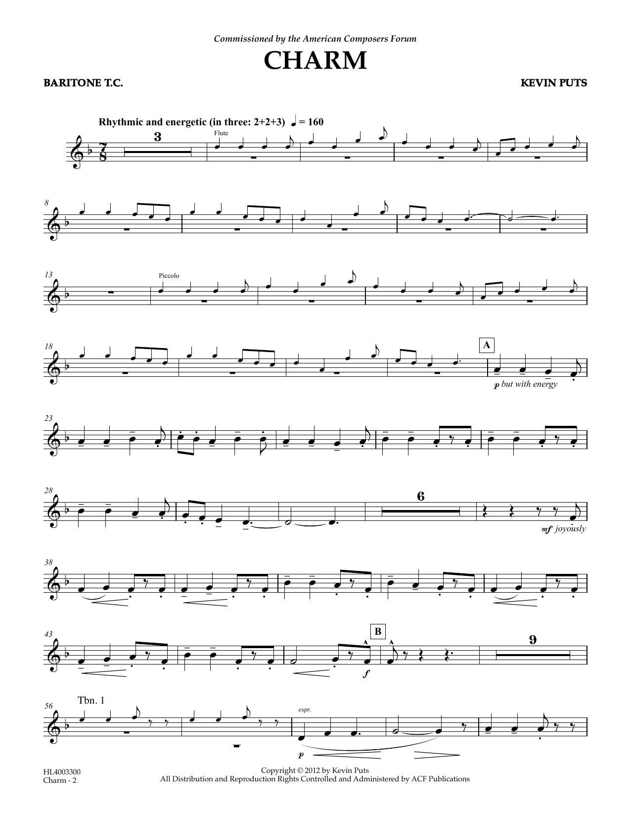 Kevin Puts Charm - Baritone T.C. Sheet Music Notes & Chords for Concert Band - Download or Print PDF
