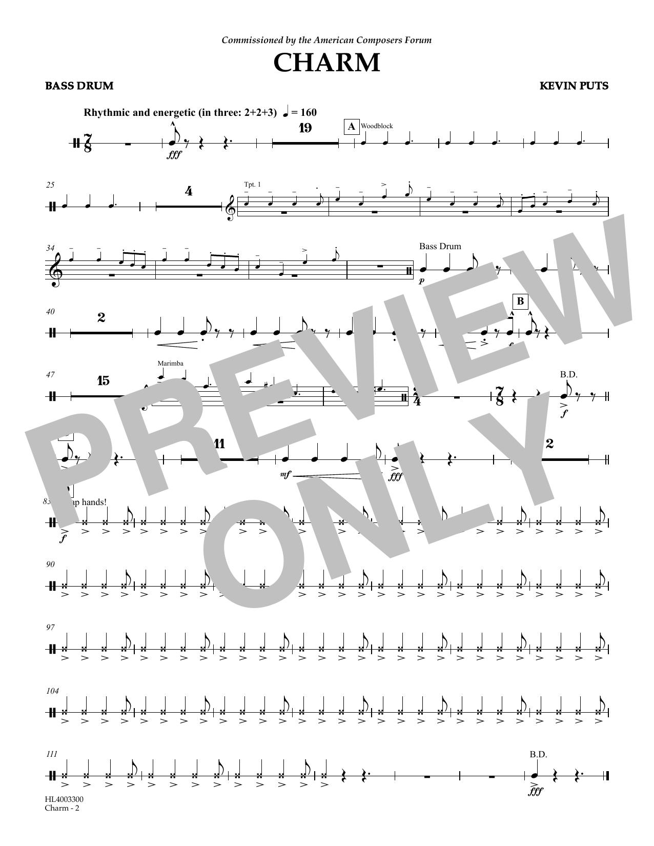 Kevin Puts Charm - Bass Drums Sheet Music Notes & Chords for Concert Band - Download or Print PDF