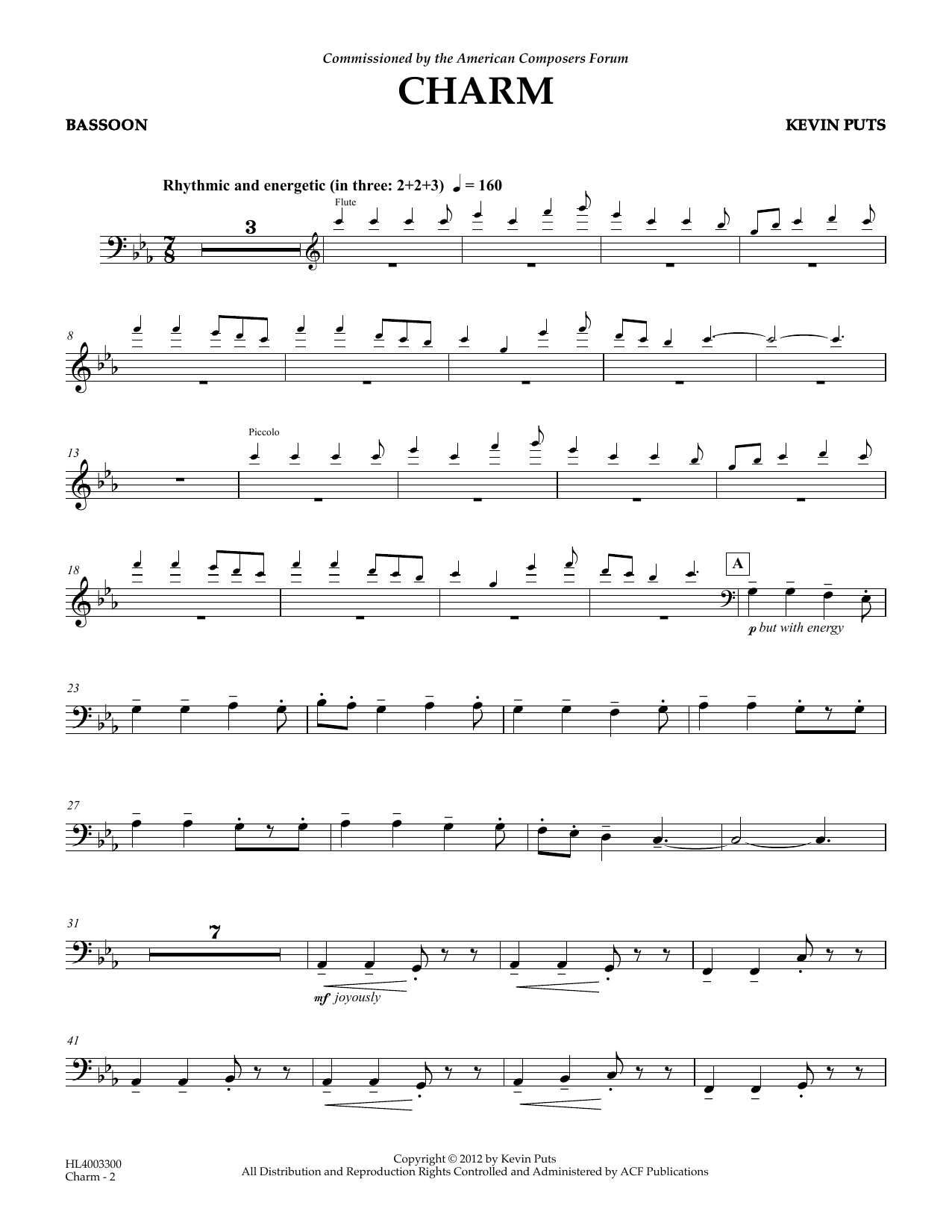 Kevin Puts Charm - Bassoon (opt.) Sheet Music Notes & Chords for Concert Band - Download or Print PDF