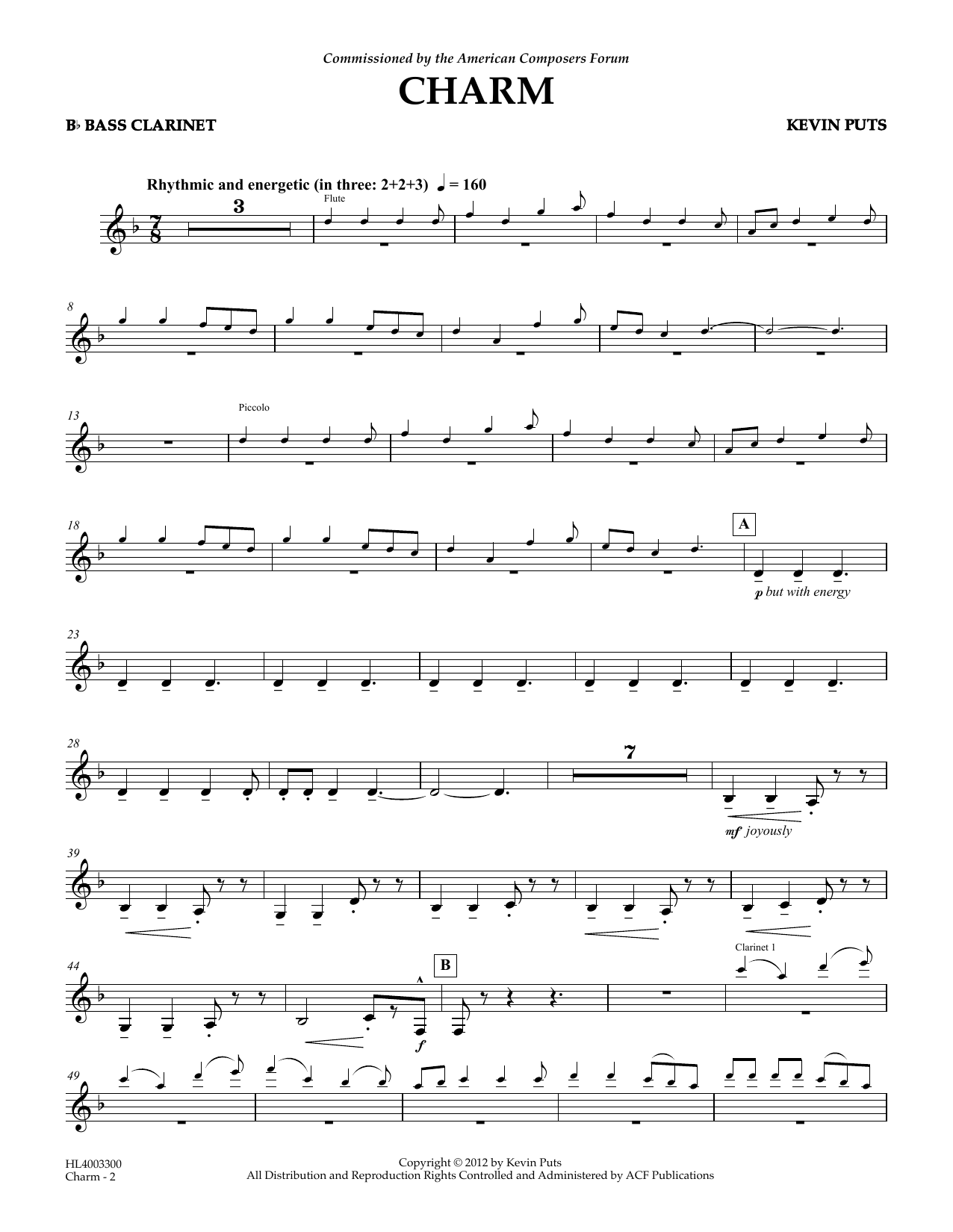 Kevin Puts Charm - Bb Bass Clarinet Sheet Music Notes & Chords for Concert Band - Download or Print PDF