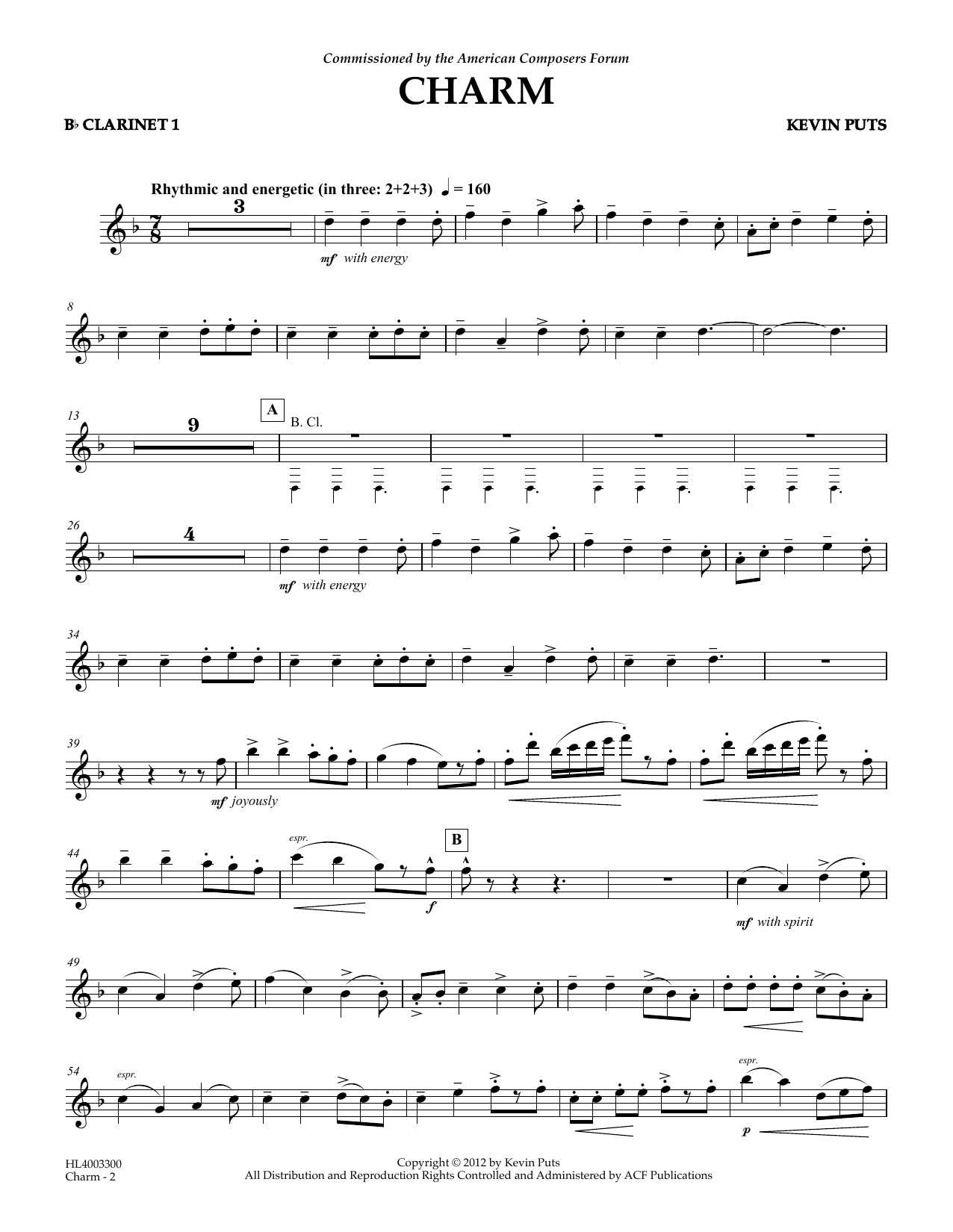 Kevin Puts Charm - Bb Clarinet 1 Sheet Music Notes & Chords for Concert Band - Download or Print PDF