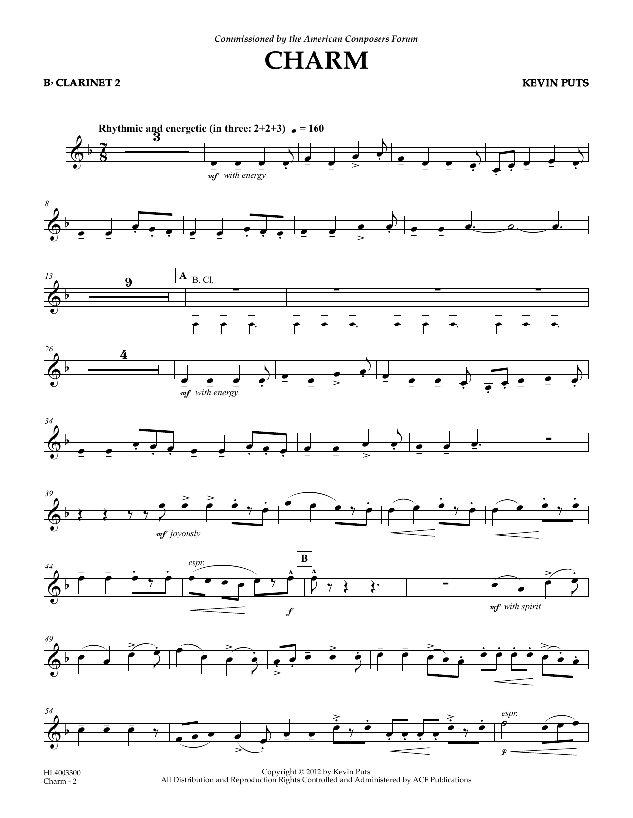 Kevin Puts Charm - Bb Clarinet 2 Sheet Music Notes & Chords for Concert Band - Download or Print PDF