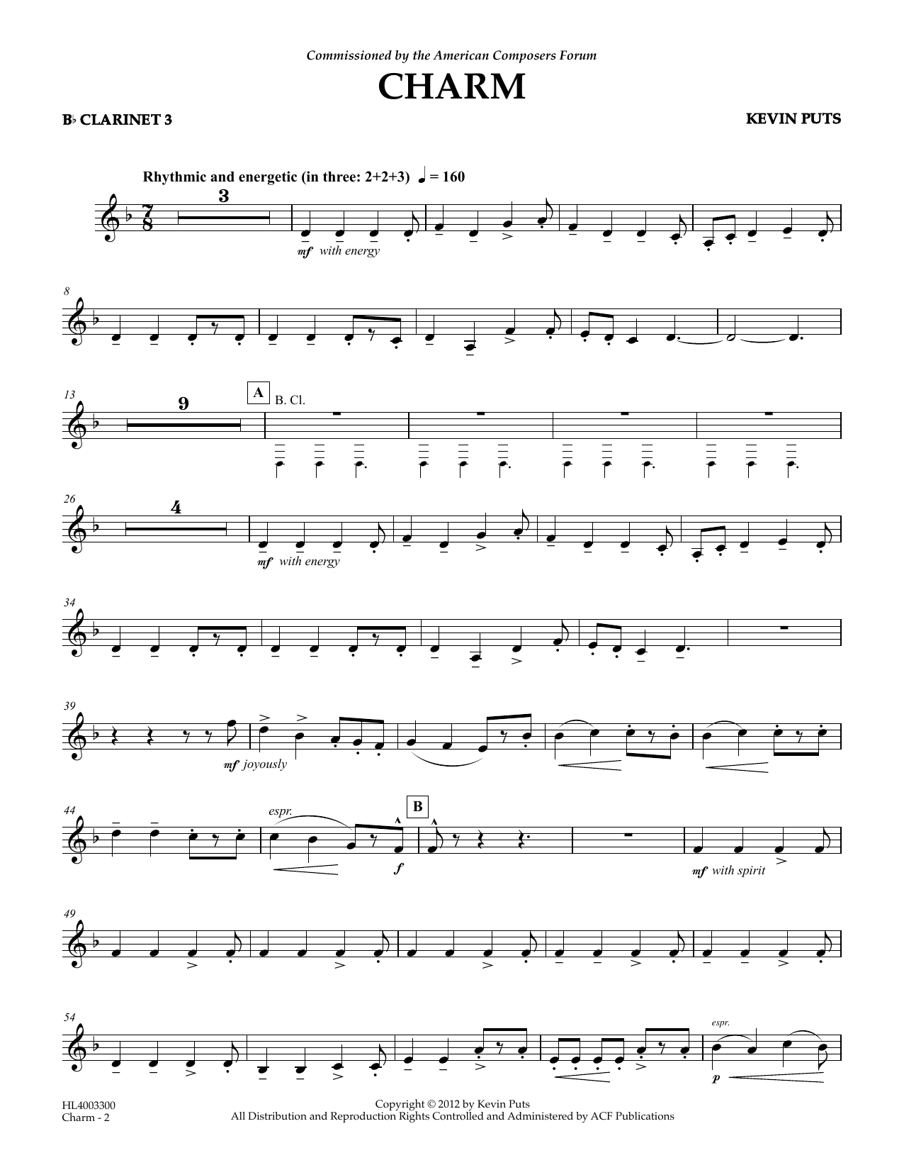 Kevin Puts Charm - Bb Clarinet 3 Sheet Music Notes & Chords for Concert Band - Download or Print PDF