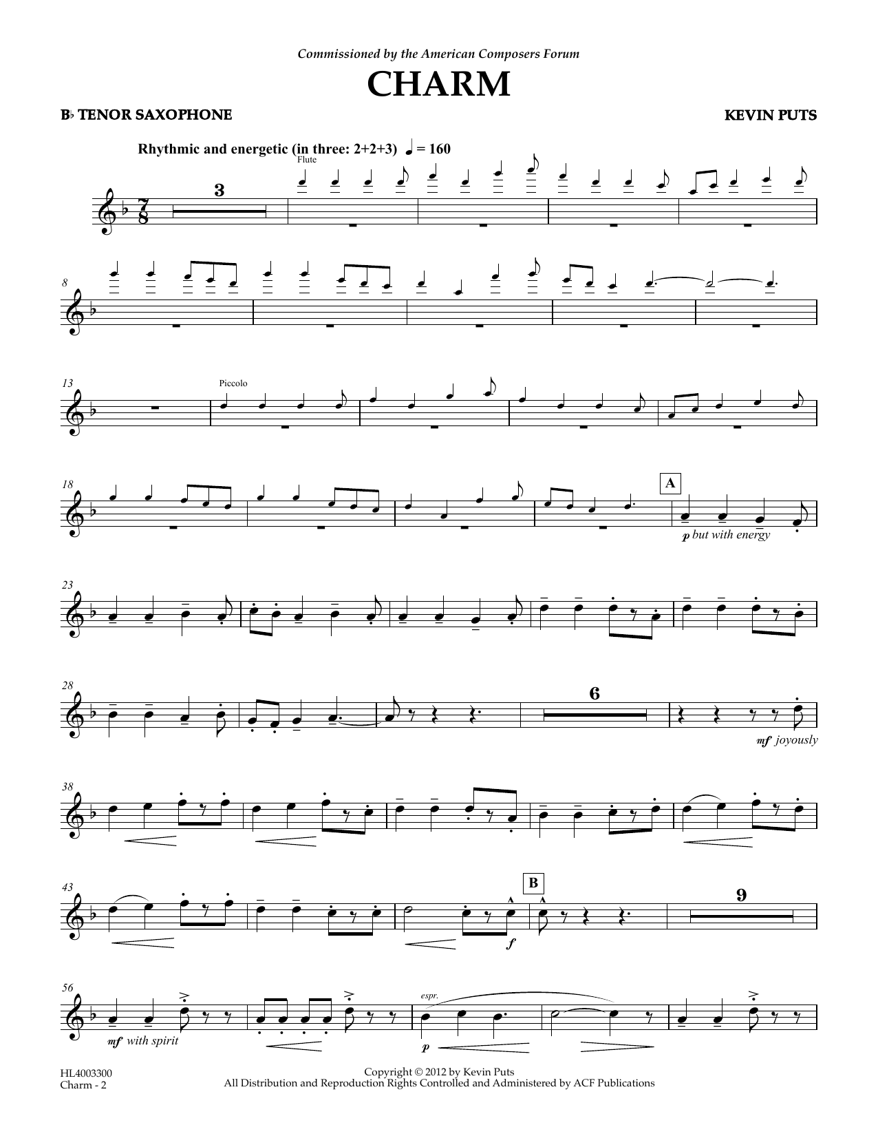 Kevin Puts Charm - Bb Tenor Saxophone Sheet Music Notes & Chords for Concert Band - Download or Print PDF