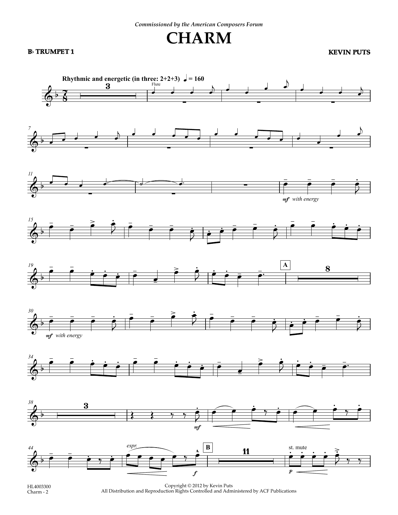Kevin Puts Charm - Bb Trumpet 1 Sheet Music Notes & Chords for Concert Band - Download or Print PDF