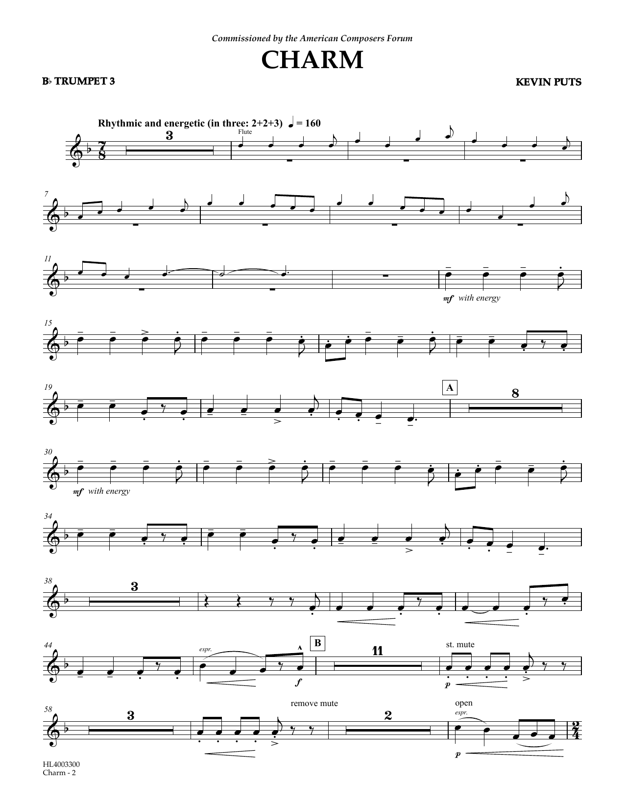 Kevin Puts Charm - Bb Trumpet 3 Sheet Music Notes & Chords for Concert Band - Download or Print PDF