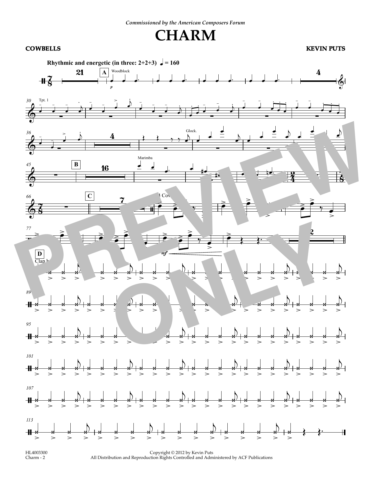 Kevin Puts Charm - Cowbell Sheet Music Notes & Chords for Concert Band - Download or Print PDF