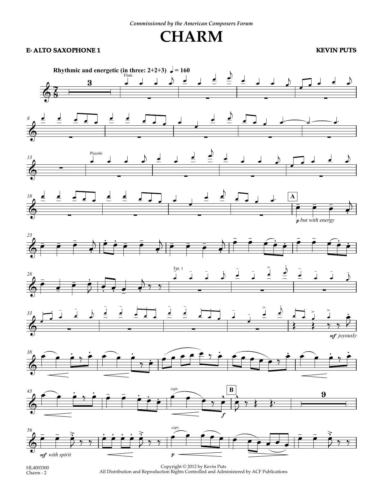 Kevin Puts Charm - Eb Alto Saxophone 1 Sheet Music Notes & Chords for Concert Band - Download or Print PDF