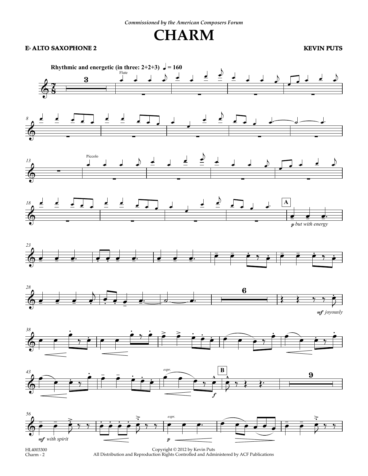 Kevin Puts Charm - Eb Alto Saxophone 2 Sheet Music Notes & Chords for Concert Band - Download or Print PDF