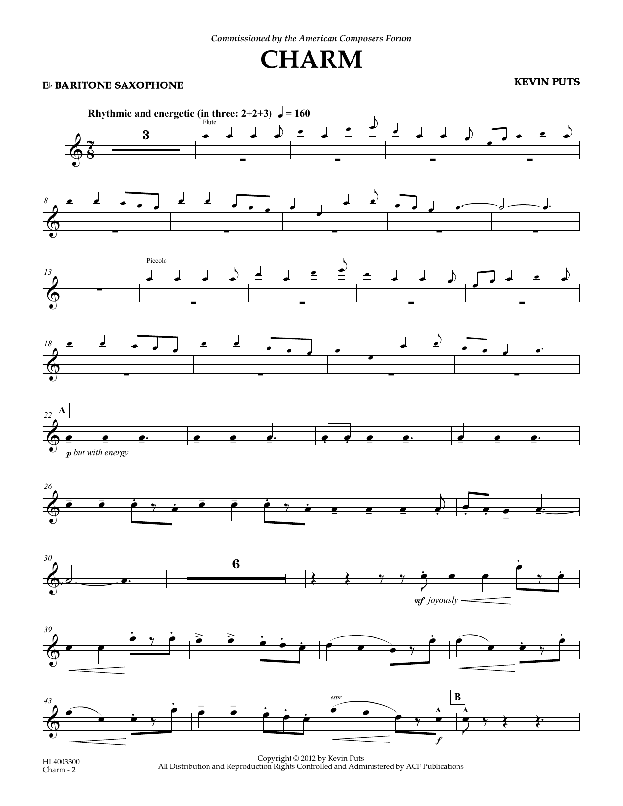Kevin Puts Charm - Eb Baritone Saxophone Sheet Music Notes & Chords for Concert Band - Download or Print PDF