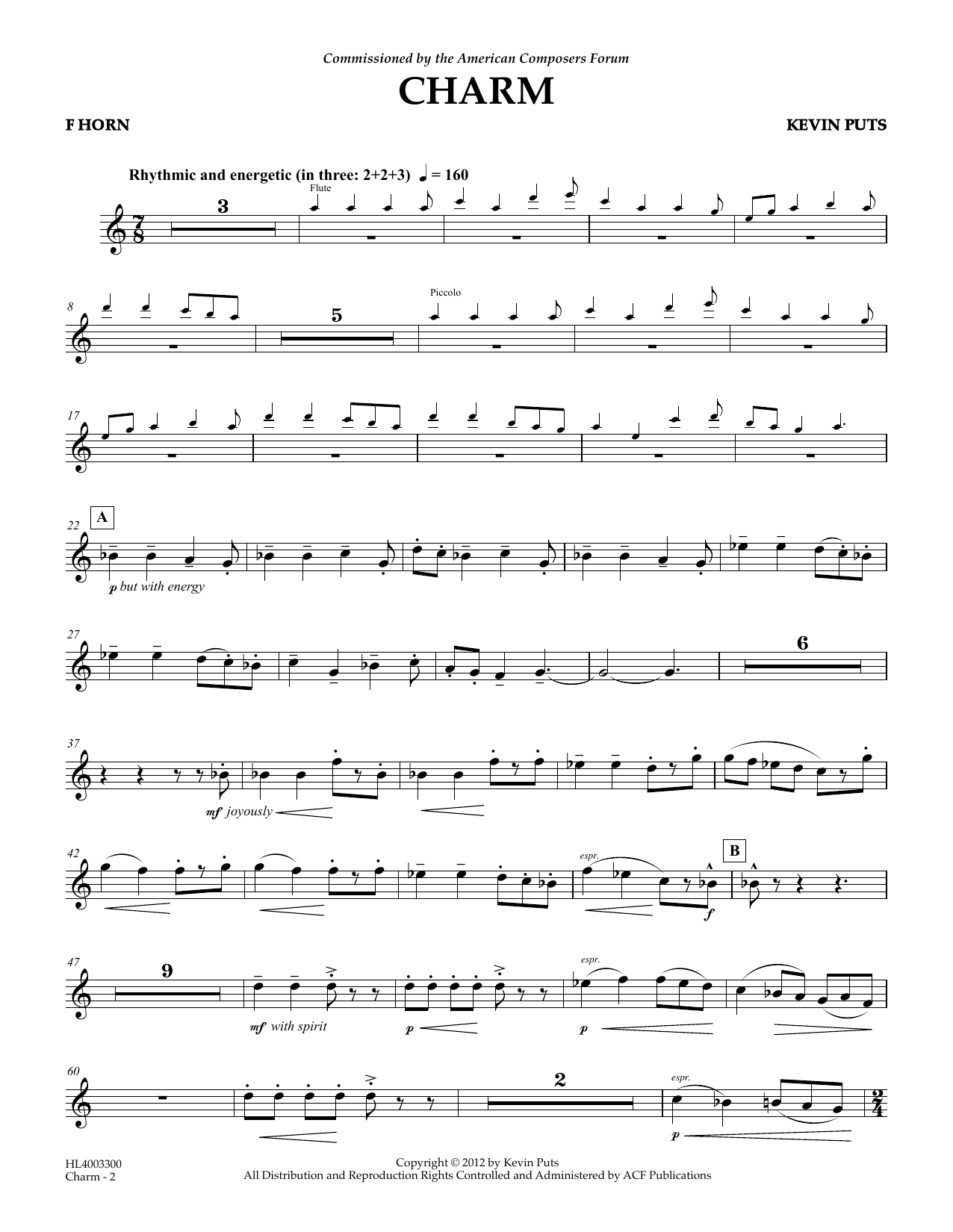Kevin Puts Charm - FRENCH HORN Sheet Music Notes & Chords for Concert Band - Download or Print PDF