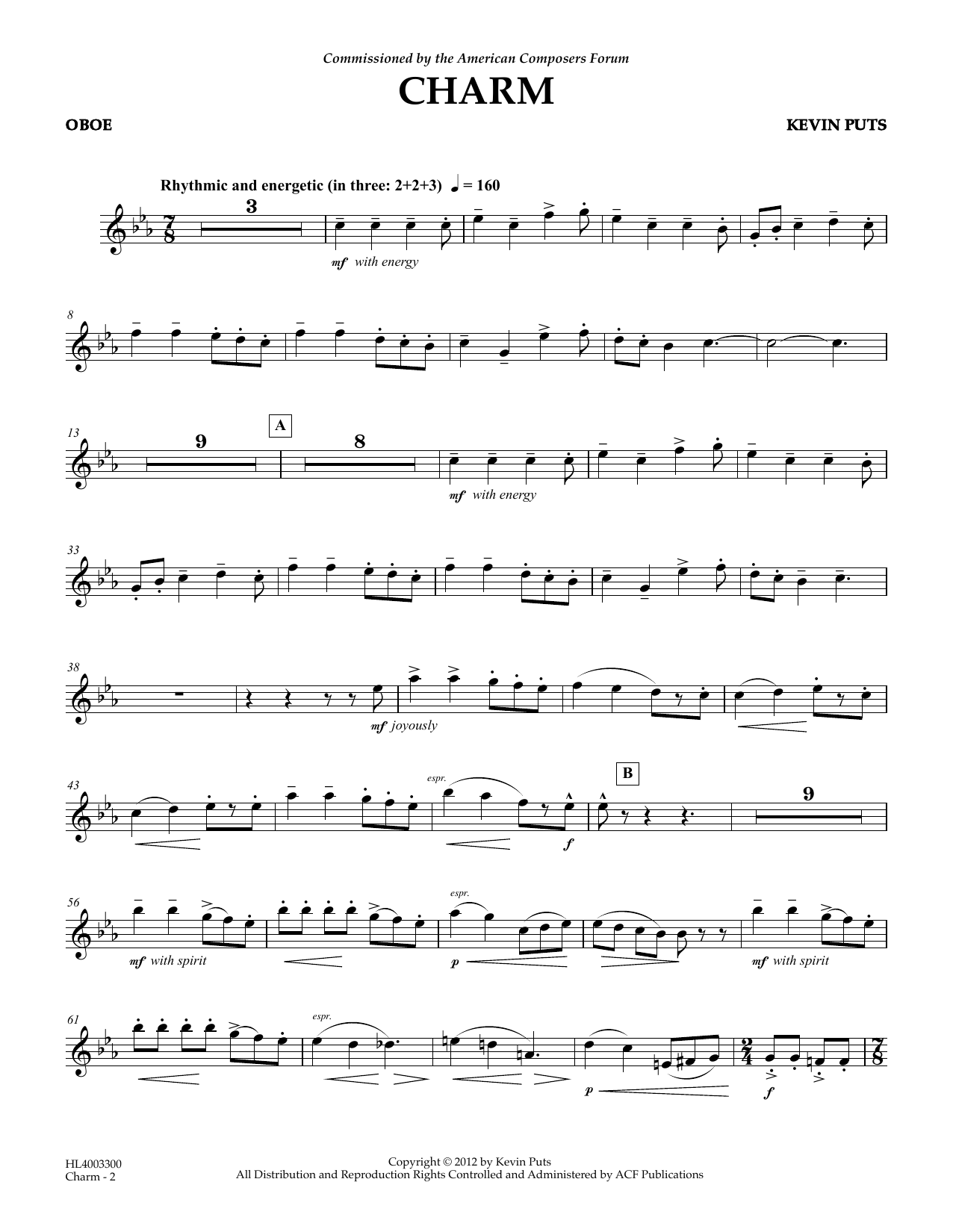 Kevin Puts Charm - Oboe Sheet Music Notes & Chords for Concert Band - Download or Print PDF