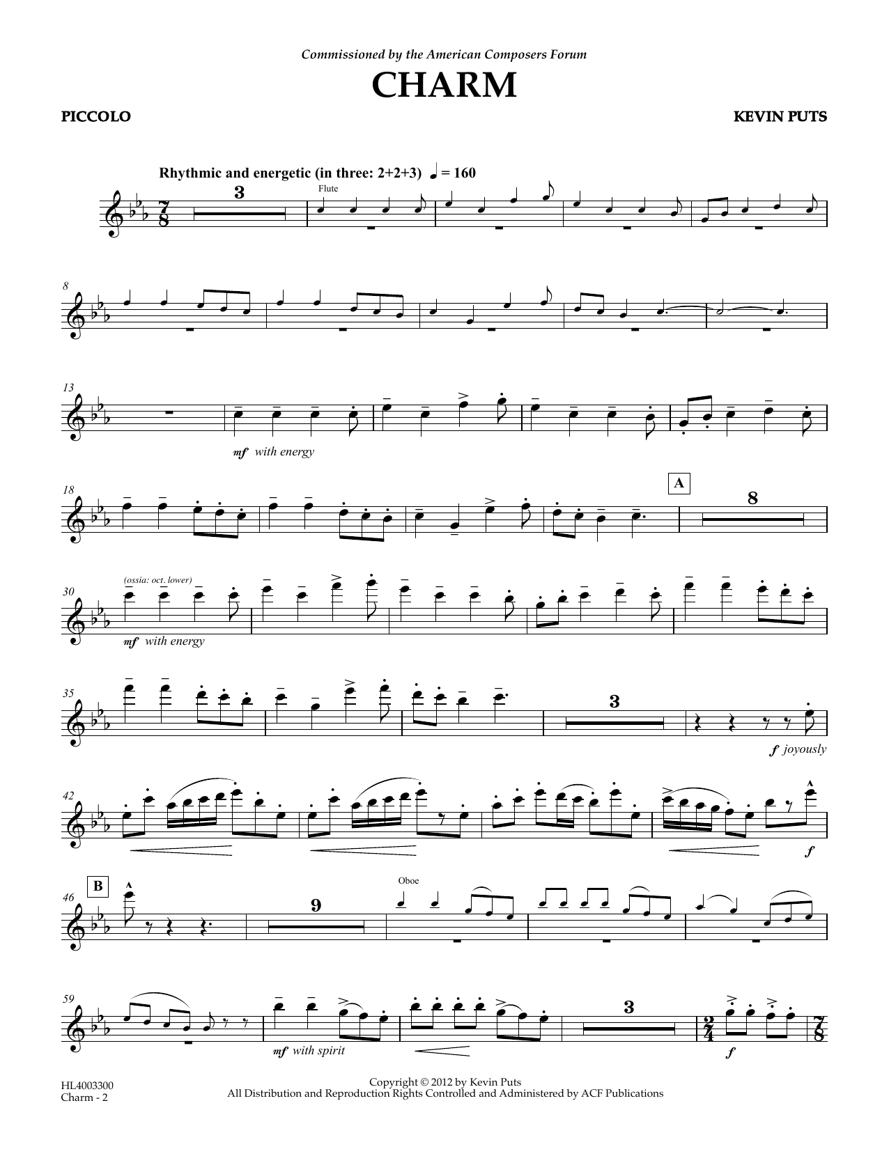 Kevin Puts Charm - Piccolo Sheet Music Notes & Chords for Concert Band - Download or Print PDF