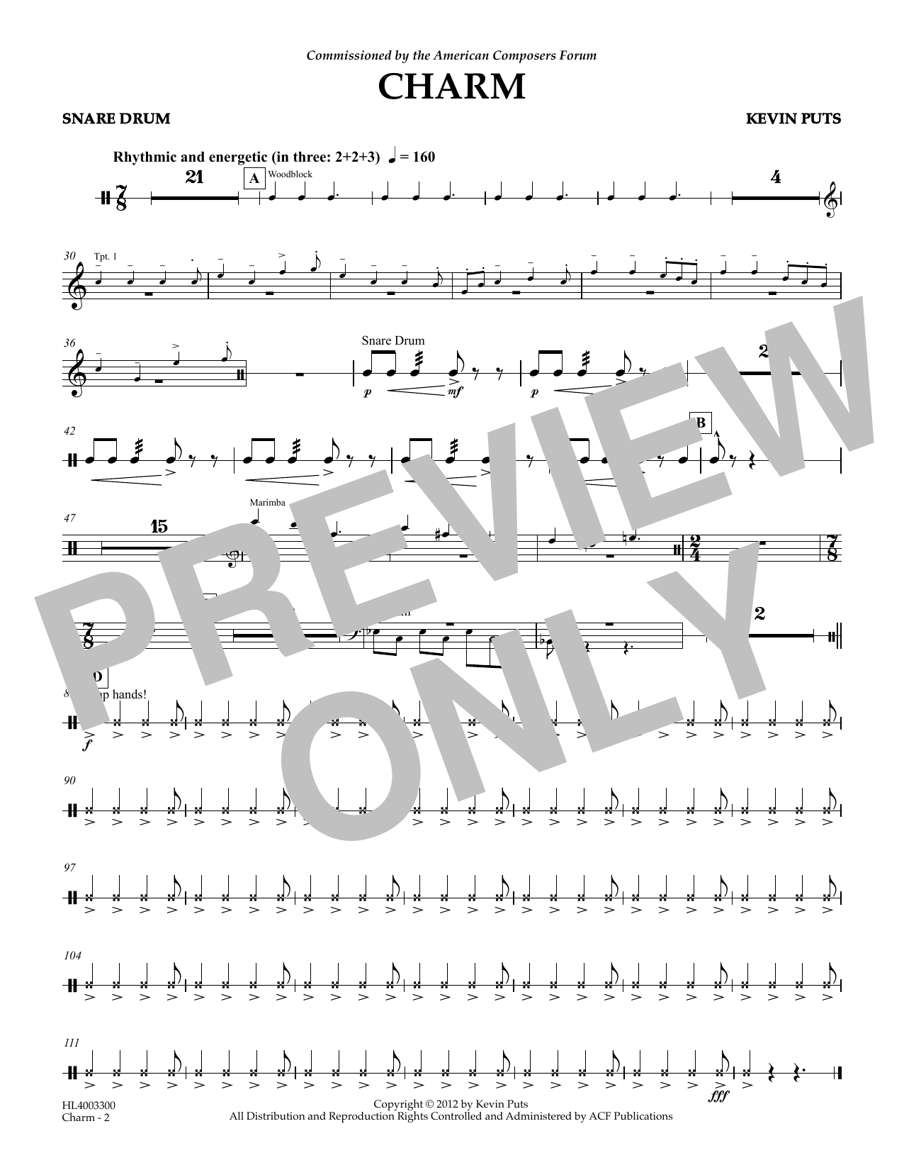 Kevin Puts Charm - Snare Drum Sheet Music Notes & Chords for Concert Band - Download or Print PDF