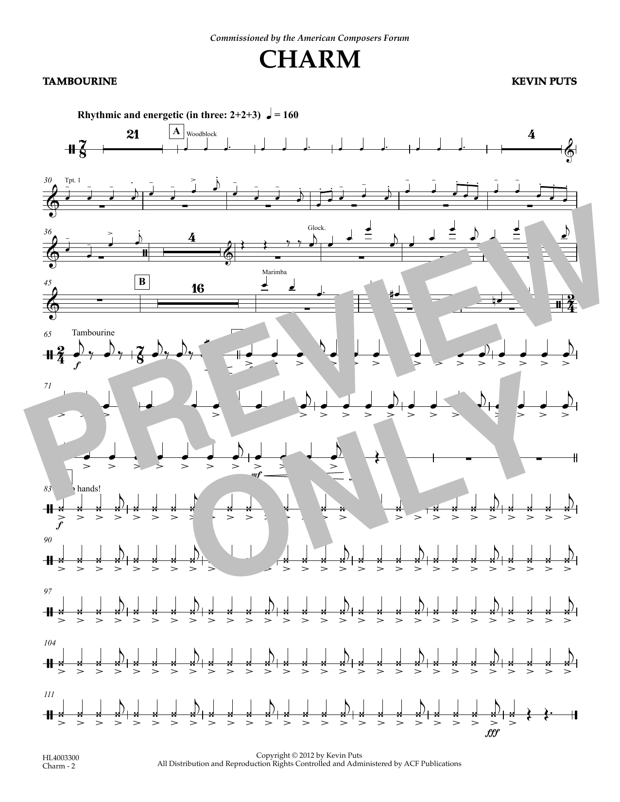 Kevin Puts Charm - Tambourine Sheet Music Notes & Chords for Concert Band - Download or Print PDF