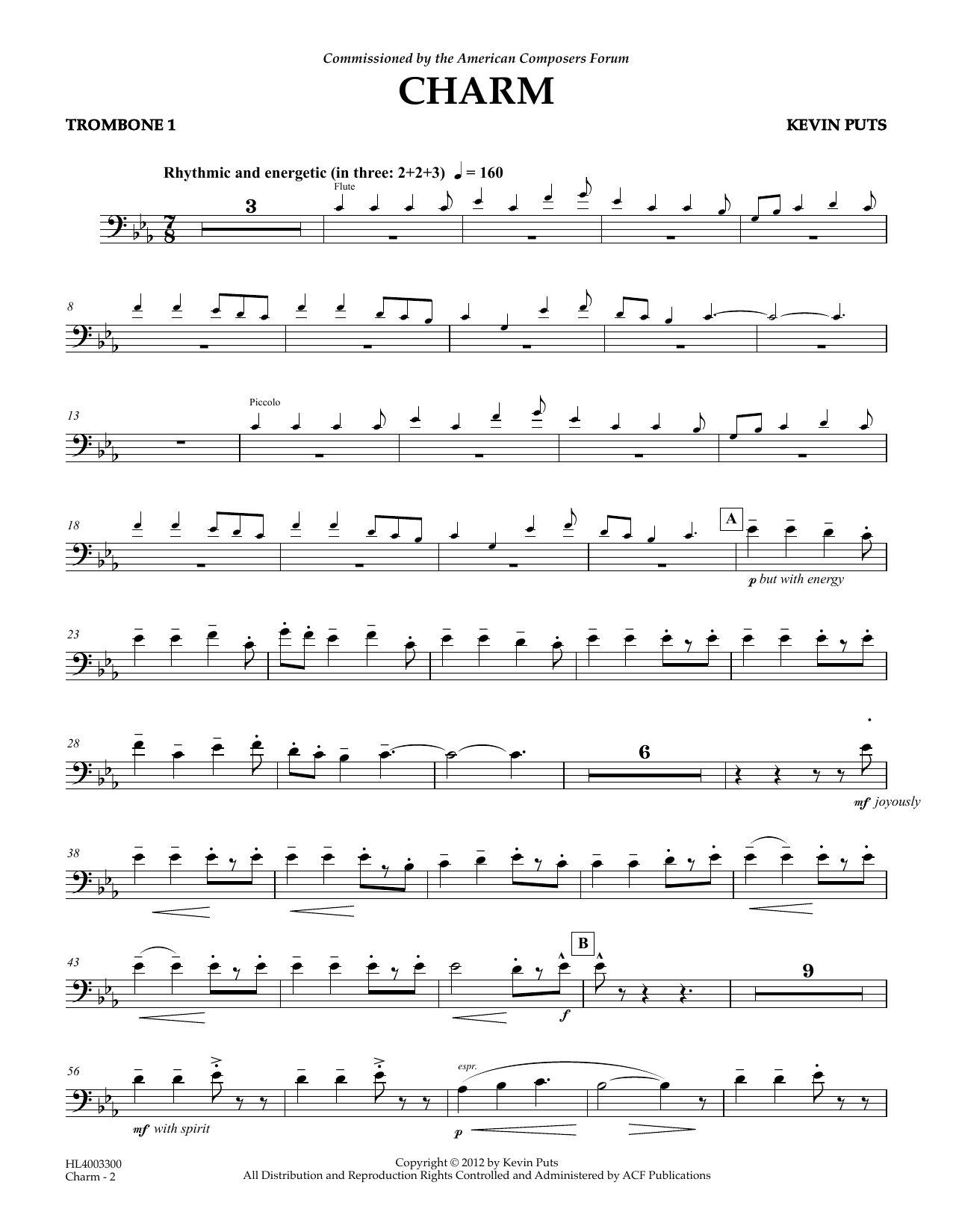 Kevin Puts Charm - Trombone 1 Sheet Music Notes & Chords for Concert Band - Download or Print PDF