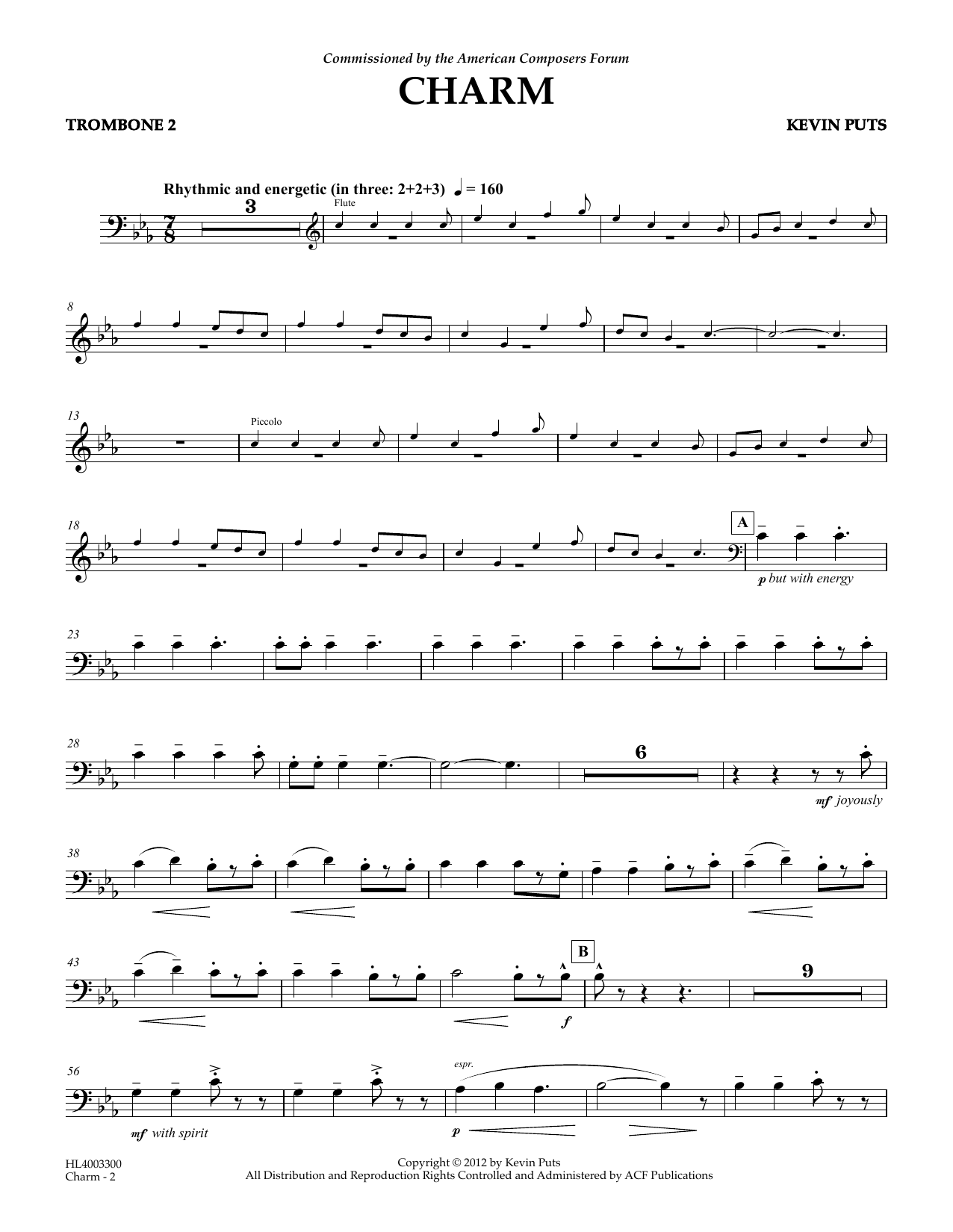 Kevin Puts Charm - Trombone 2 Sheet Music Notes & Chords for Concert Band - Download or Print PDF