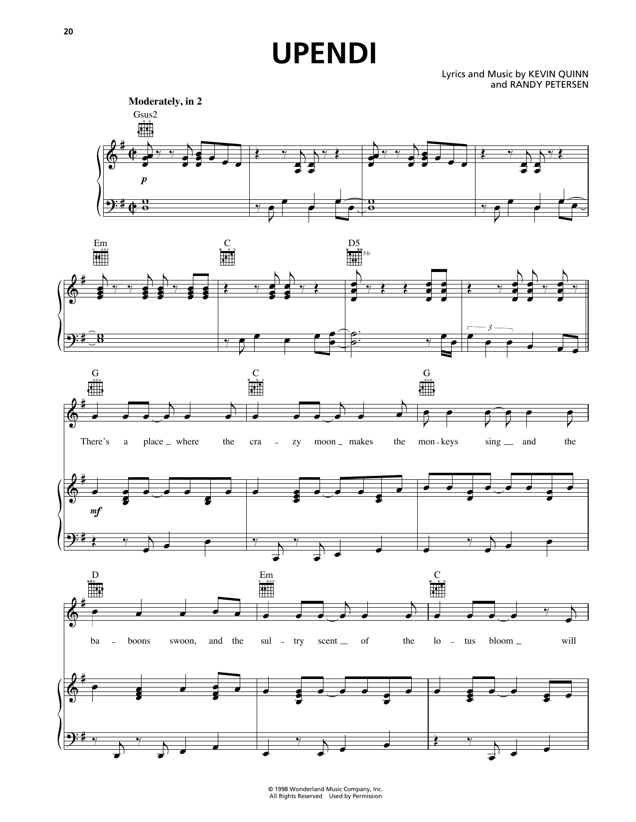 Kevin Quinn Upendi (from The Lion King II: Simba's Pride) Sheet Music Notes & Chords for Piano, Vocal & Guitar Chords (Right-Hand Melody) - Download or Print PDF