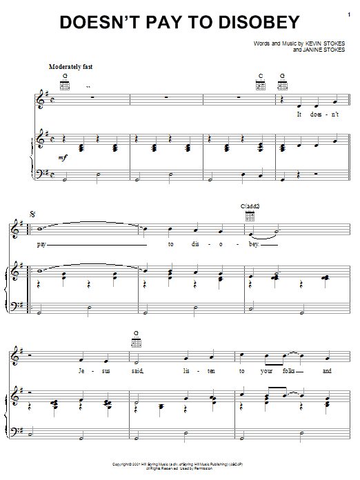 Kevin Stokes Doesn't Pay To Disobey Sheet Music Notes & Chords for Piano, Vocal & Guitar (Right-Hand Melody) - Download or Print PDF