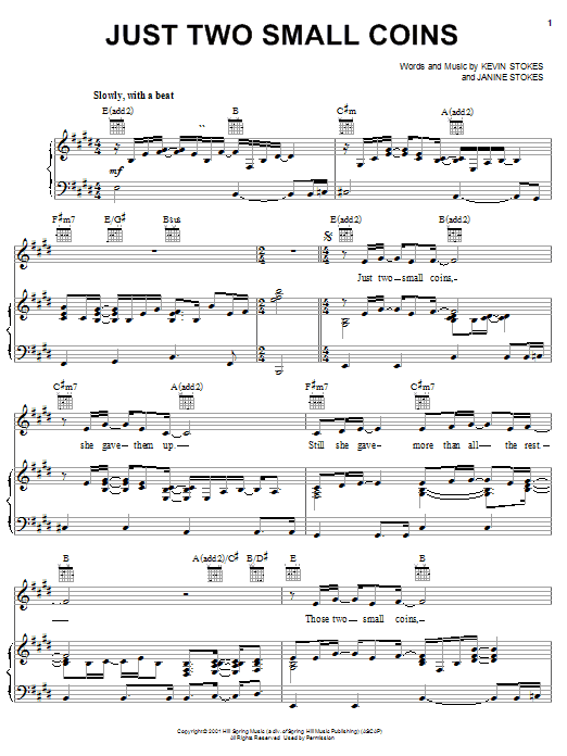 Kevin Stokes Just Two Small Coins Sheet Music Notes & Chords for Piano, Vocal & Guitar (Right-Hand Melody) - Download or Print PDF