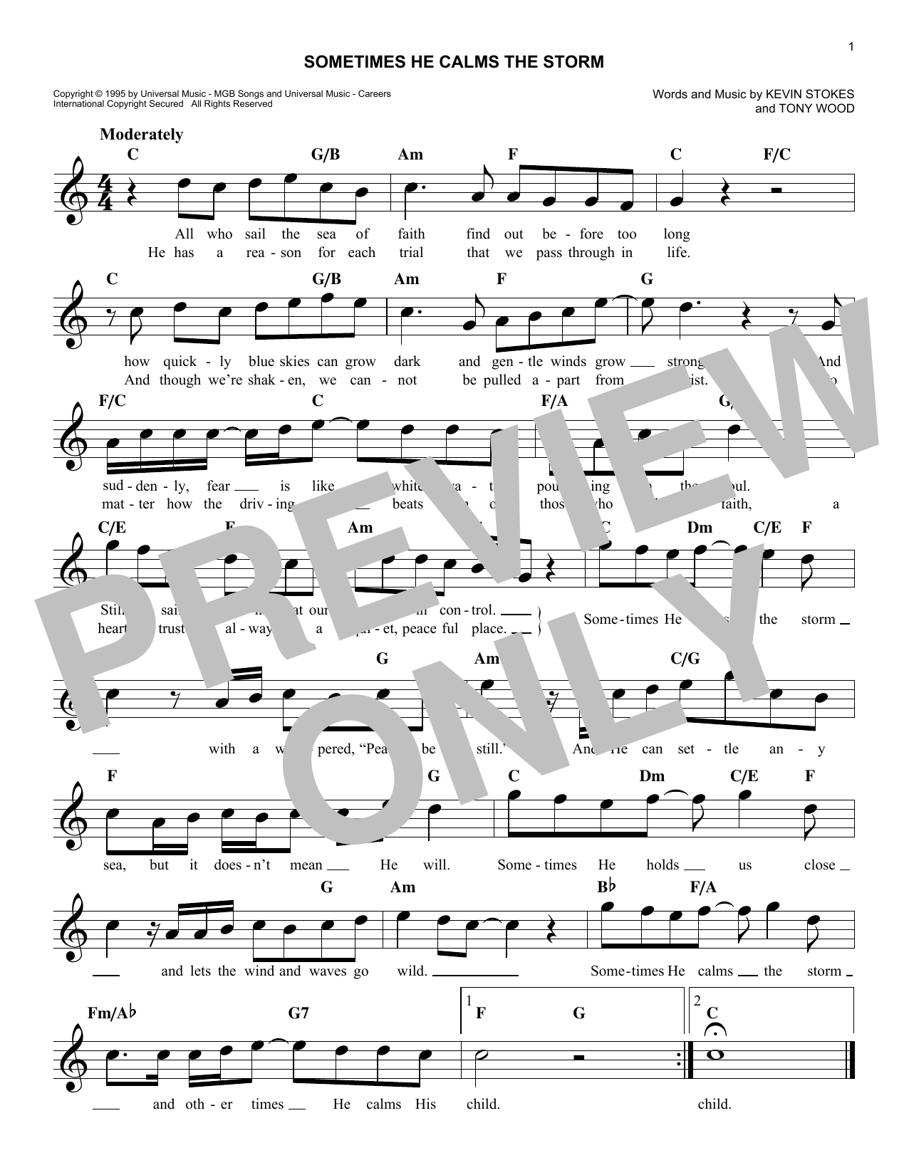Kevin Stokes Sometimes He Calms The Storm Sheet Music Notes & Chords for Melody Line, Lyrics & Chords - Download or Print PDF