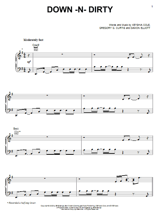 Keyshia Cole Down-N-Dirty Sheet Music Notes & Chords for Piano, Vocal & Guitar (Right-Hand Melody) - Download or Print PDF