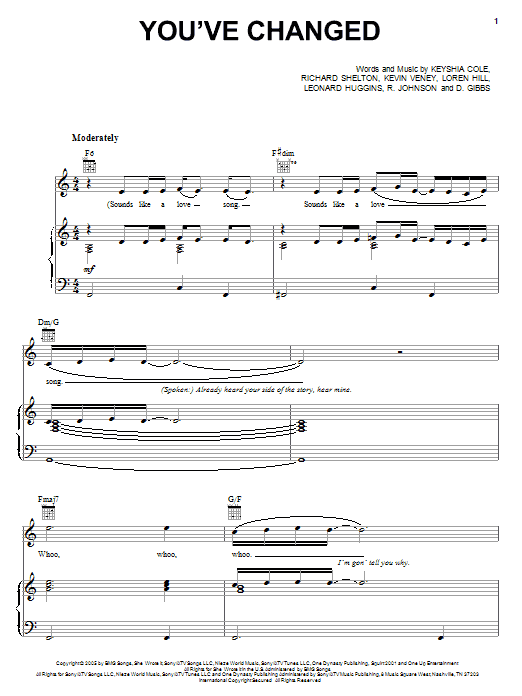 Keyshia Cole You've Changed Sheet Music Notes & Chords for Piano, Vocal & Guitar (Right-Hand Melody) - Download or Print PDF