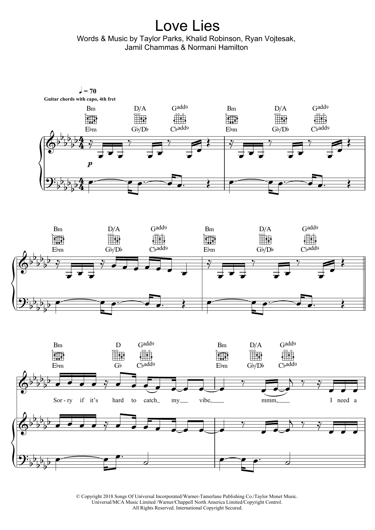Khalid & Normani Love Lies Sheet Music Notes & Chords for Piano, Vocal & Guitar (Right-Hand Melody) - Download or Print PDF