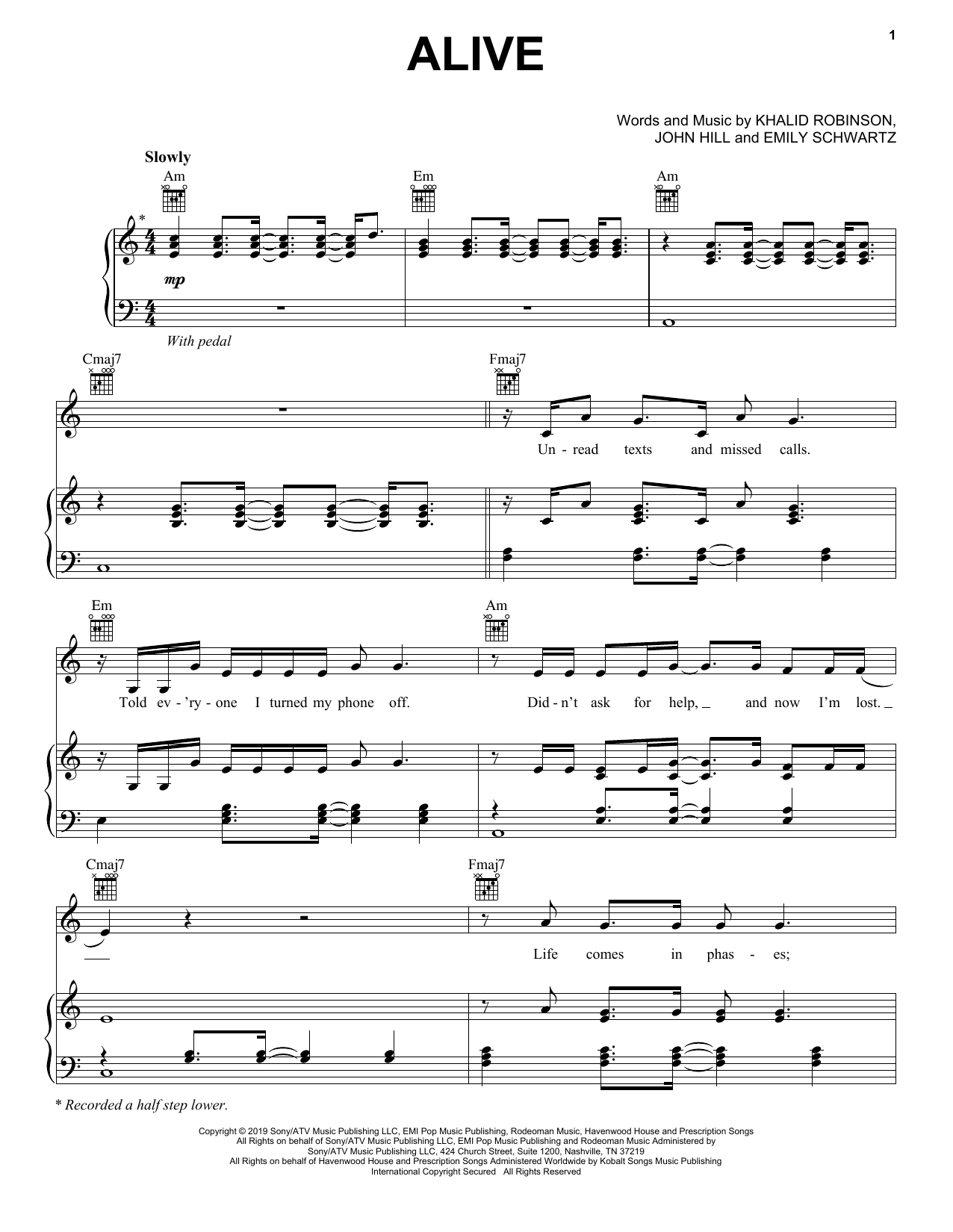 Khalid Alive Sheet Music Notes & Chords for Piano, Vocal & Guitar (Right-Hand Melody) - Download or Print PDF