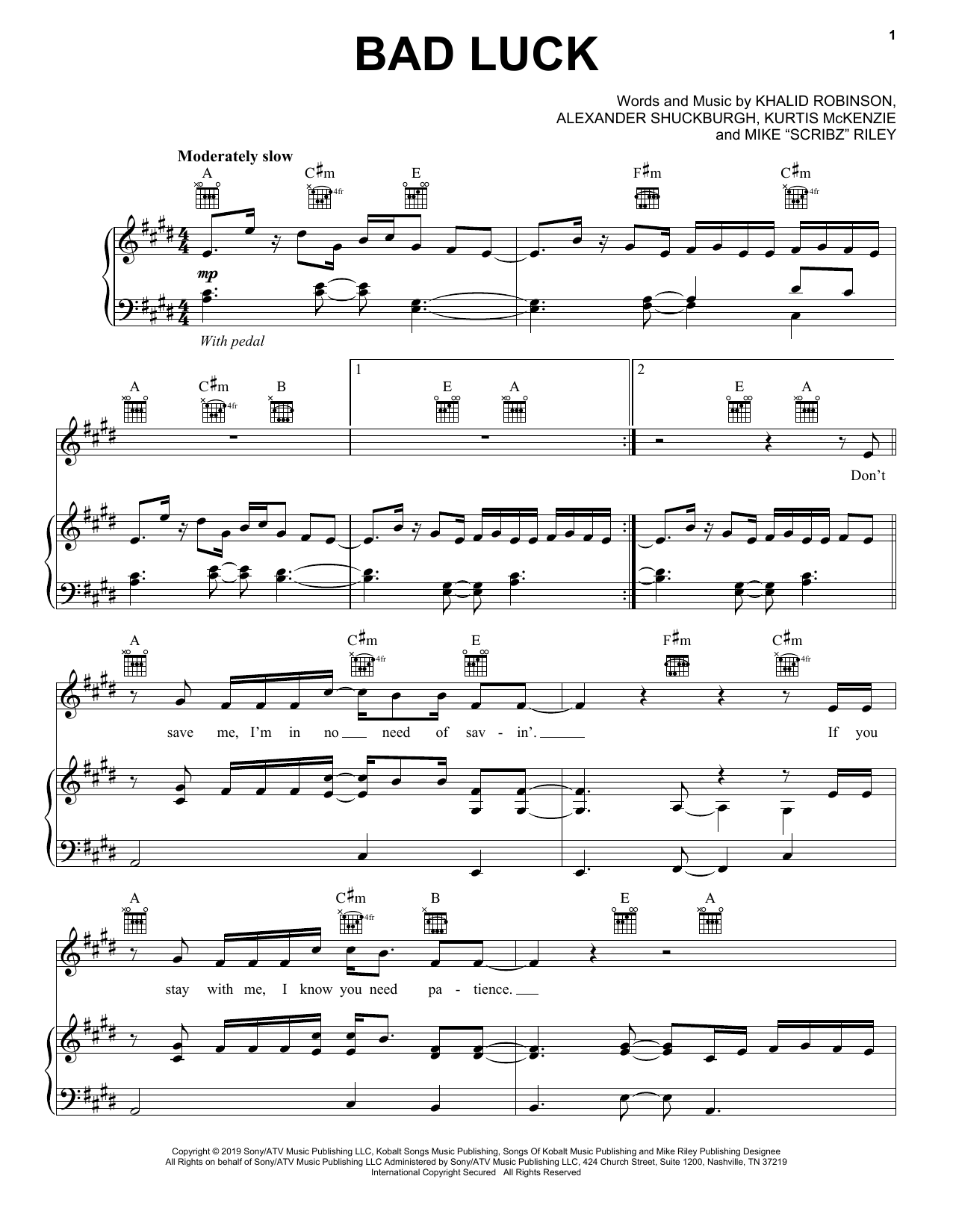 Khalid Bad Luck Sheet Music Notes & Chords for Piano, Vocal & Guitar (Right-Hand Melody) - Download or Print PDF