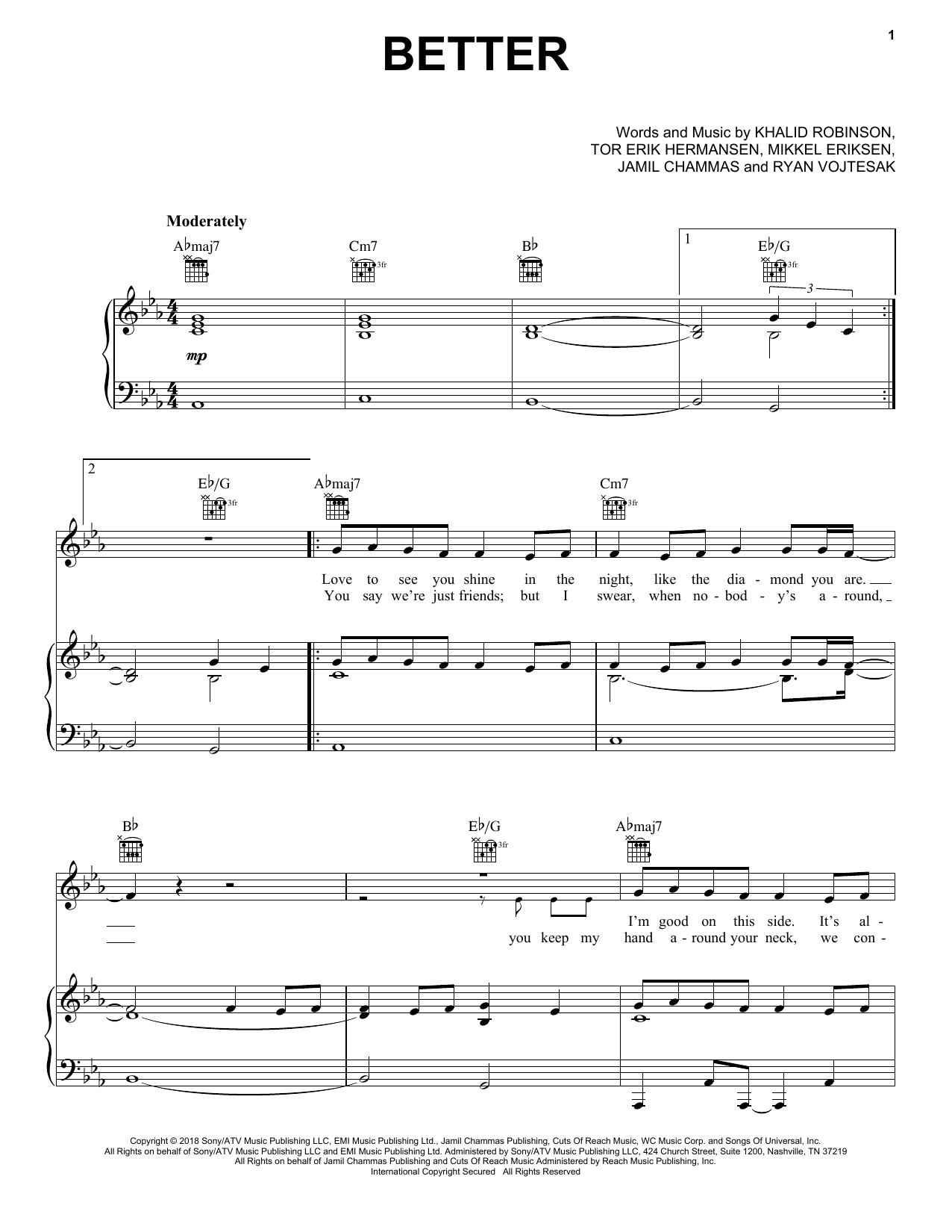 Khalid Better Sheet Music Notes & Chords for Piano, Vocal & Guitar (Right-Hand Melody) - Download or Print PDF