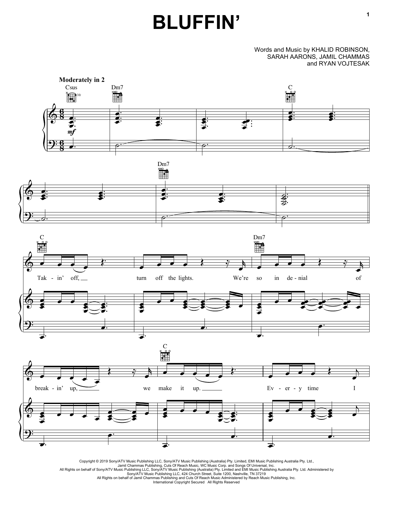 Khalid Bluffin' Sheet Music Notes & Chords for Piano, Vocal & Guitar (Right-Hand Melody) - Download or Print PDF
