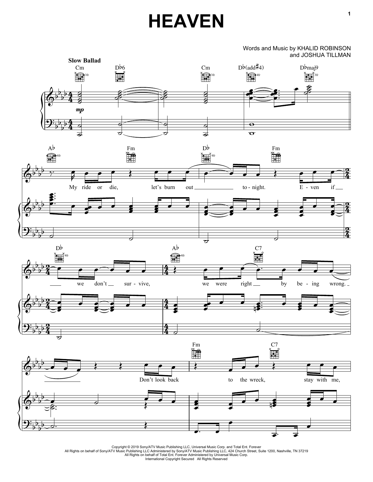 Khalid Heaven Sheet Music Notes & Chords for Piano, Vocal & Guitar (Right-Hand Melody) - Download or Print PDF