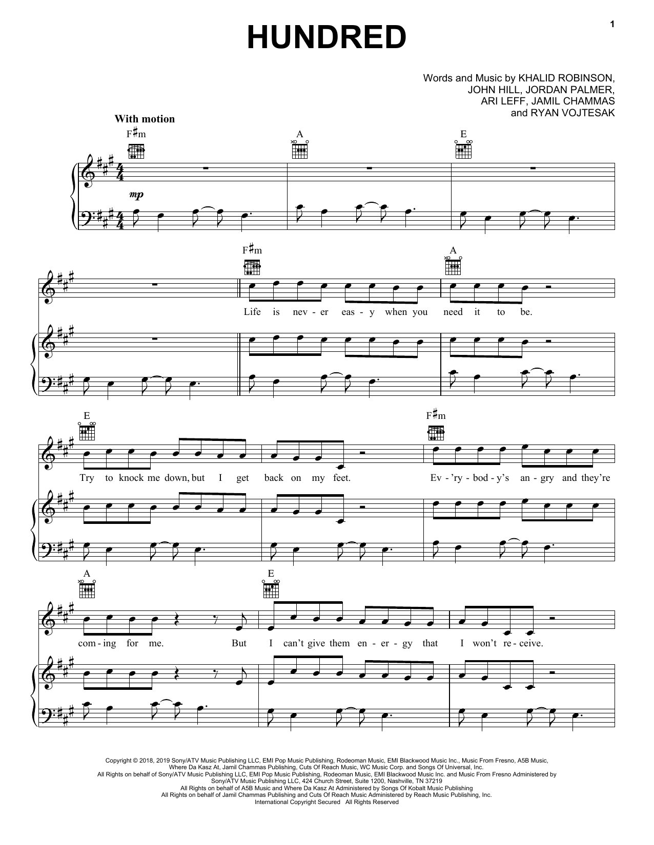 Khalid Hundred Sheet Music Notes & Chords for Piano, Vocal & Guitar (Right-Hand Melody) - Download or Print PDF