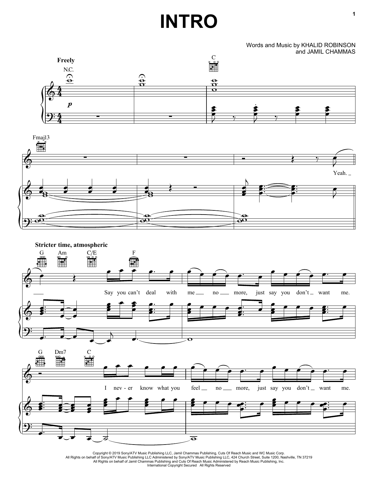 Khalid Intro Sheet Music Notes & Chords for Piano, Vocal & Guitar (Right-Hand Melody) - Download or Print PDF