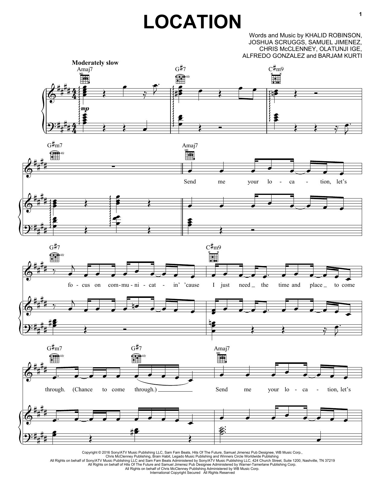 Khalid Location Sheet Music Notes & Chords for Piano, Vocal & Guitar (Right-Hand Melody) - Download or Print PDF