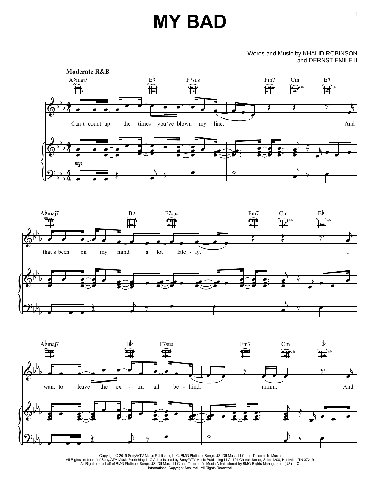 Khalid My Bad Sheet Music Notes & Chords for Piano, Vocal & Guitar (Right-Hand Melody) - Download or Print PDF