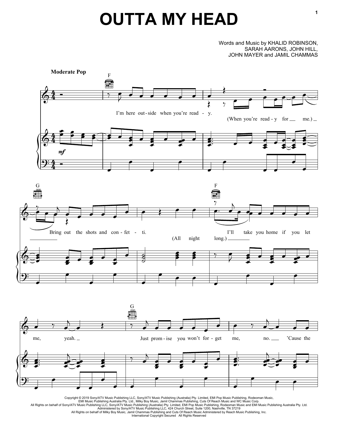 Khalid Outta My Head (feat. John Mayer) Sheet Music Notes & Chords for Piano, Vocal & Guitar (Right-Hand Melody) - Download or Print PDF