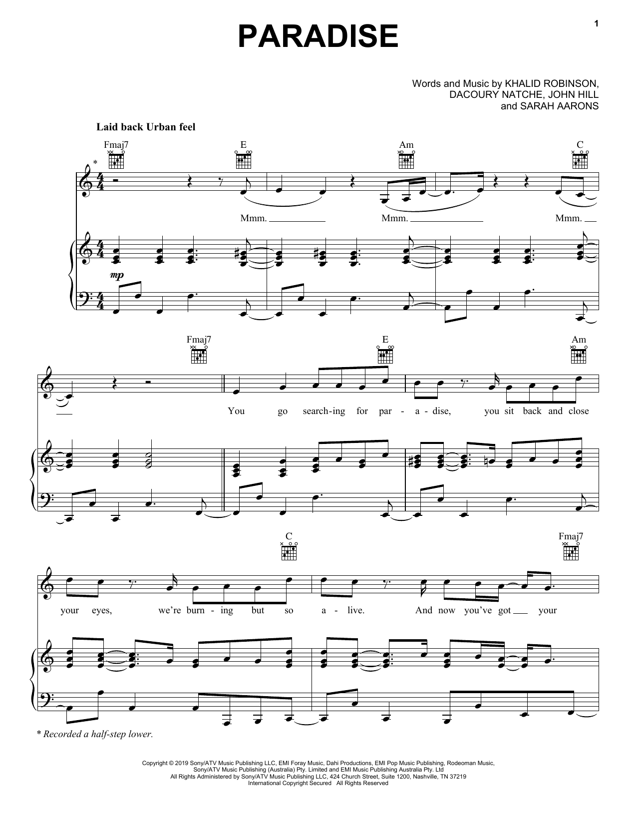 Khalid Paradise Sheet Music Notes & Chords for Piano, Vocal & Guitar (Right-Hand Melody) - Download or Print PDF