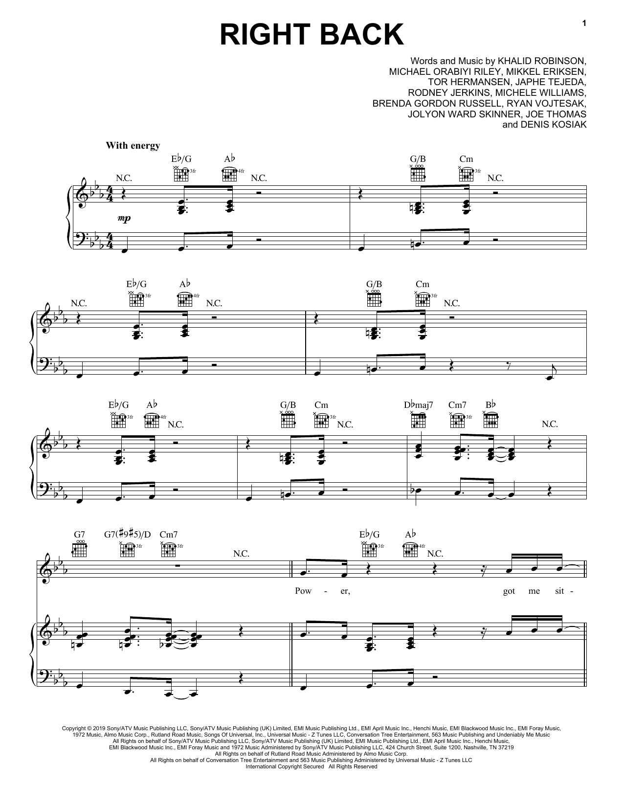 Khalid Right Back Sheet Music Notes & Chords for Piano, Vocal & Guitar (Right-Hand Melody) - Download or Print PDF